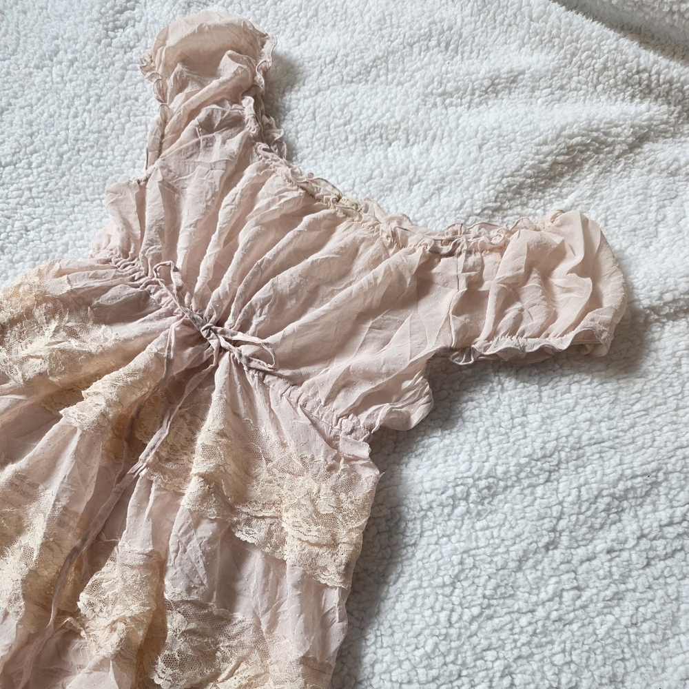 Posset Pot Japanese brand pink lace babydoll layered dress with tie - Picture 3 of 8